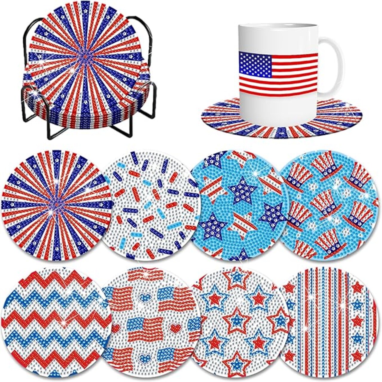 8 Pcs Patriotic Diamond Painting Coasters with Holder – 250th Anniversary 4th of July DIY Art Kit – 5D Independence Day Gem Coasters for Beginners & Adults – Red White & Blue American Flag Decor for Home & Car – Sestercentennial Commemorative Craft G